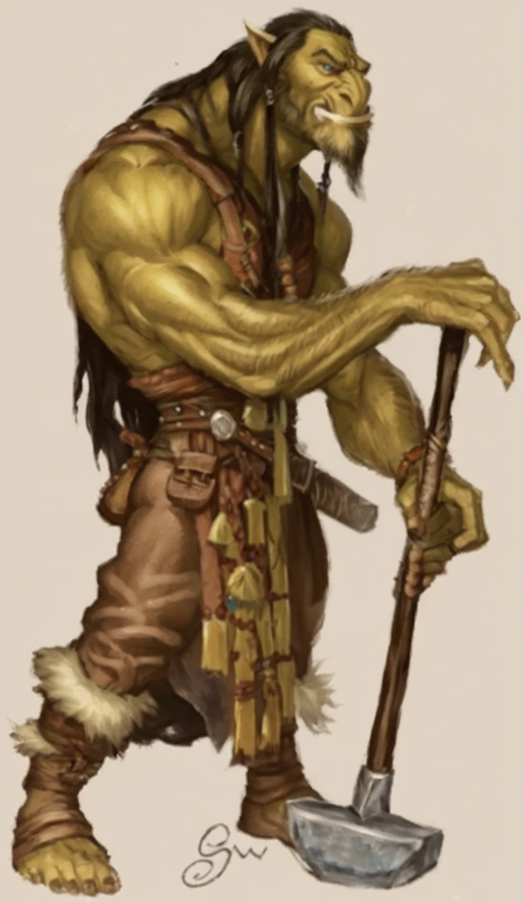 Half-troll barbarian, half-troll, barbarian, d&d 5th edition, light blue skin, blue white eyes, long nose, big tusks, long white dredlocks