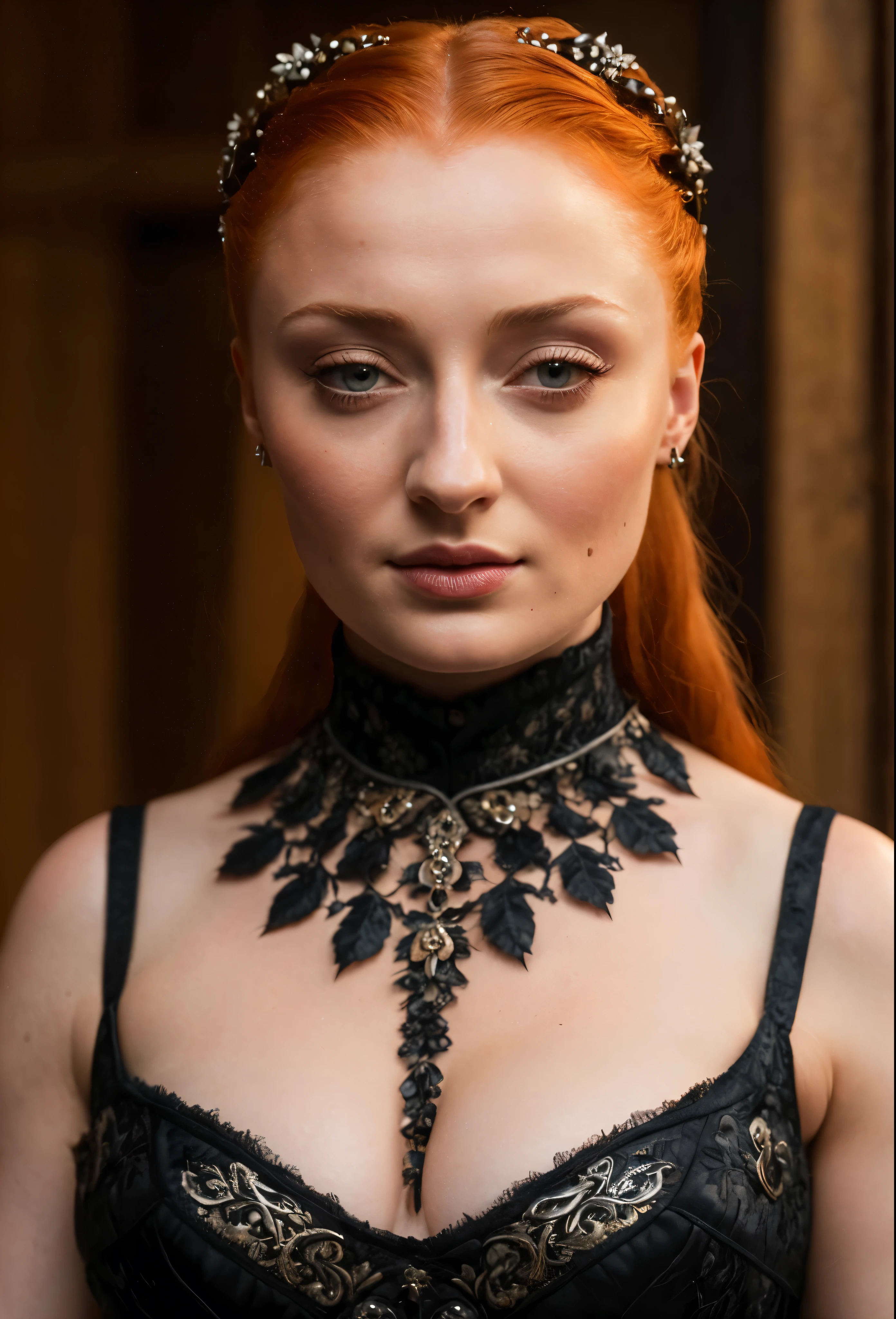 Face of Sophie Turner, Sansa Stark played by Sophie Turner, the de facto Lady of the Eyrie, is a 40-year-old mature queen with a stunning, alluring appearance. Full Face, Full figured woman, pierced eyes, reddish lips, upper body shot, erotic Mediaeval costumes, game of thrones costumes, She wears a Game of Thrones-inspired costume and has a deep cleavage, a perfect thick body, and a perfect thick figure. The photograph captures her in a close-up, with her skin texture and facial features being ultra-realistic and realistic. Juicy thick figure, high quality skin, Skin pores, amazing details, snow, snow flakes, semi realistic, extremely detailed eyes, dark moody orange and black settings, cool environment, artificial intelligence