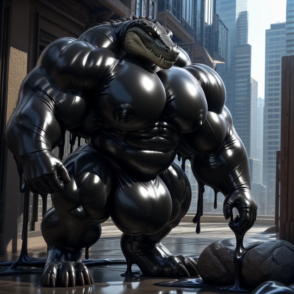 solo, male, , , ,  (hyper pecs:1.2), （long thick thighs:1.5）, standing, indoor,，(，,(,solo,very hyper muscles:1.3)((, Huge bulge：1.3))）（corruption)), black glowing liquid，（((liquid_latex, , rubber:1.2)，,black latex，goo transformation，(gooey)()(l），unreal engine,perfect light，detailed, photorealistic, 4k, hd, , , , good anatomy, , (), ,, high quality, best quality, concept art, photorealistic, Crocodile，City，High-rise，noodle