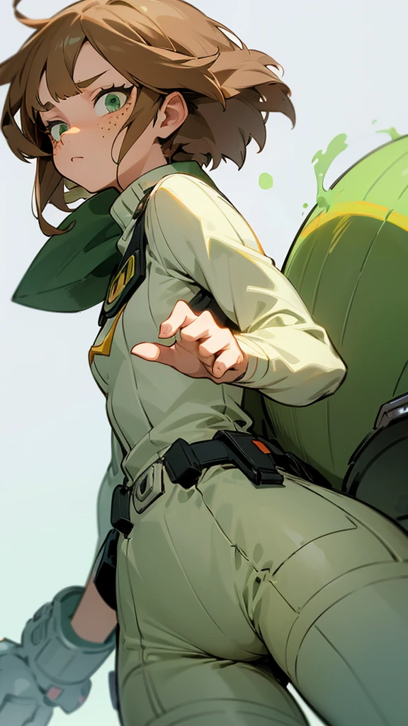 A girl with short fluffy light brown hair with light green eyes with freckles and long eyelashes Buko no hero academia style With provocative clothes Standing calmly With a sleepy face
