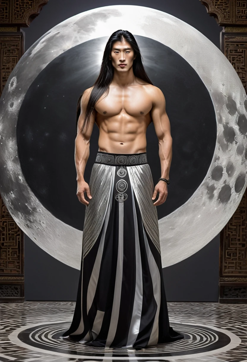 huge sexy masculine inflated tall man with long flowing straight hair in full height with open eyes, Looking Forward, on his face there are two black stripes on his cheeks - the moon god, Asian appearance, topless, in a floor-length silver skirt, semicircular patterns on clothes, depicting the moon, Covered with a black canopy, in black clothes, semicircular symbols on clothes    
In the temple with Arabic architecture 