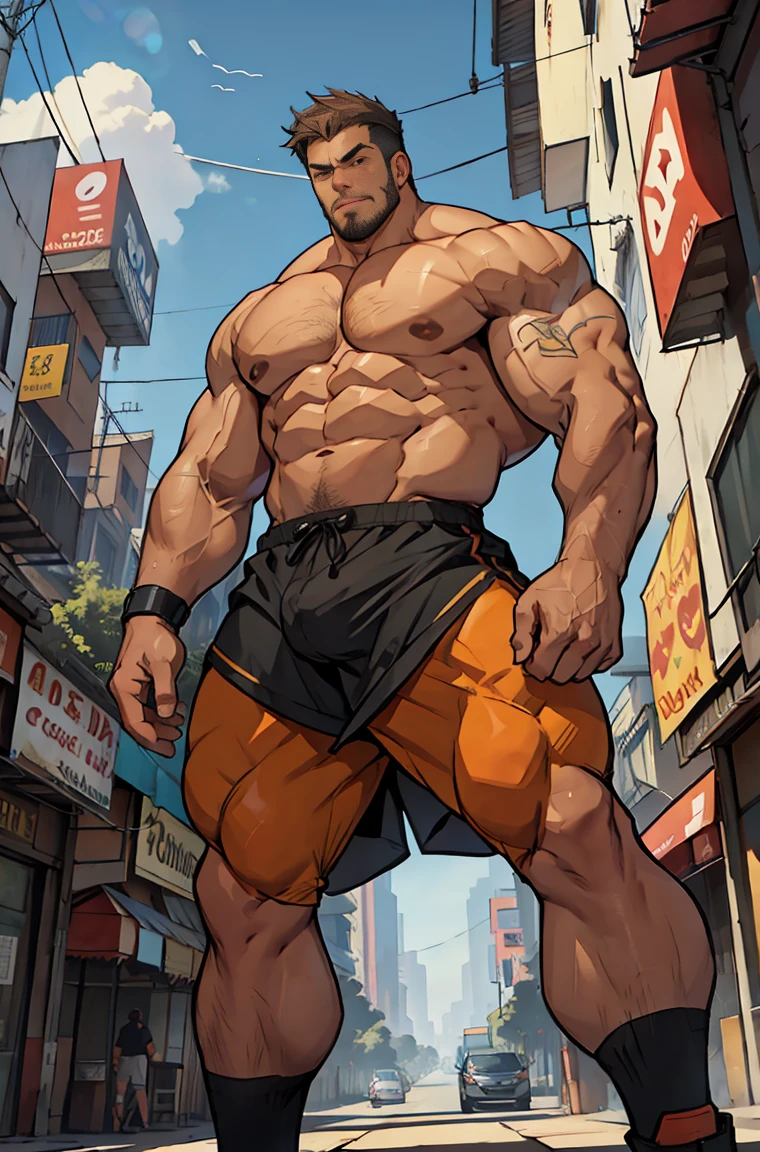 Giant male, man bigger than the city buildings, musculoso e gostoso, em uma cidade