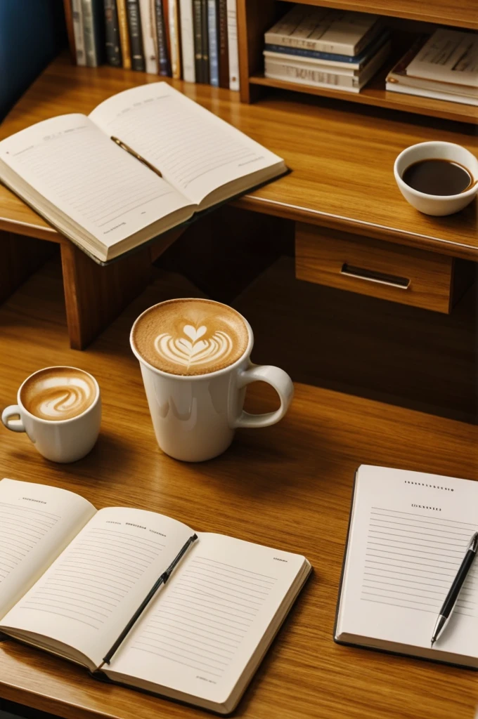 There are reference books, a cup of hot coffee and some stationery on the study table in the room.
