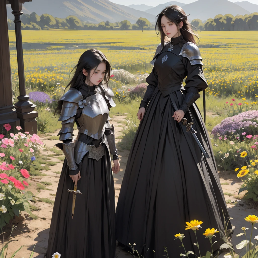 make a short detail explanation to prompt ai for a knight wearing full black armor, standing in the middle of the vast flower field, stuck his big two handed sword into the ground