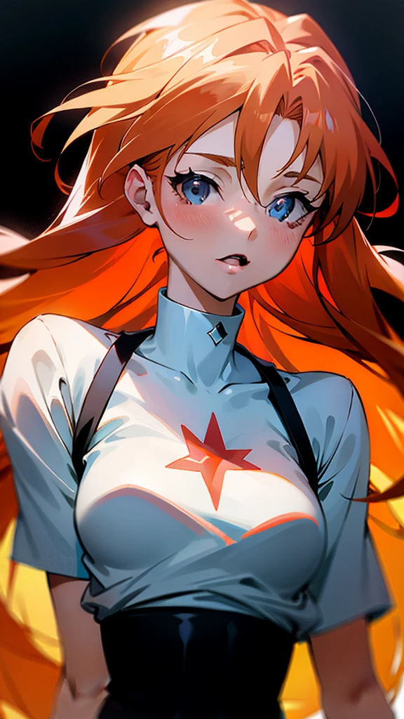 anime with long red hair and a white shirt, Asuka Langley sohryu, Asuka Langley soryu, Asuka Langley, Asuka Langley souryuu, protagonista feminina 👀 :8, portrait of Asuka Langley soryu, terno asuka sob a roupa!, blonde anime with long hair, menino anime de cabelo laranja, (Menina anime)