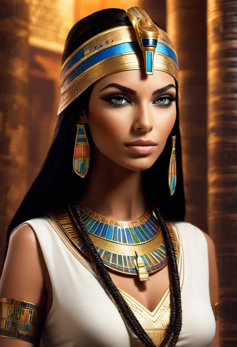 A hyper-realistic shot of a very beautiful white Egyptian pharaonic queen, with glowing colored pharaonic lighting projected onto her face and neck. The pharaonic queen's eyes are expressive and reflective, partially obscured by her long, silky black hair. The glowing or high-tech pharaonic interface with various digital and pharaonic graphics, including pharaonic symbols, hieroglyphs, and digital hieroglyphic data resembling a dashboard, is spread across parts of her face, neck, and upper body, giving the image a somewhat pharaonic and spiritual appearance. The overall color scheme is dominant, with a strong contrast between the illuminated text and the illuminated background. The lighting highlights her facial features, emphasizing her features and the text, creating a cinematic and high-tech atmosphere.