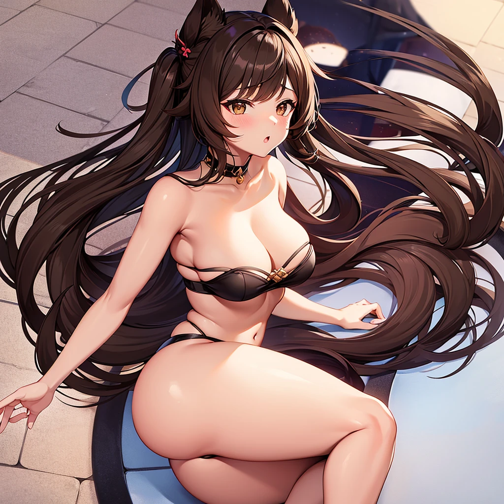Neko girl with brown skin and dark brown eyes, with big and round breasts, Moaning, With feminine clothing in the Genshin Impact style 