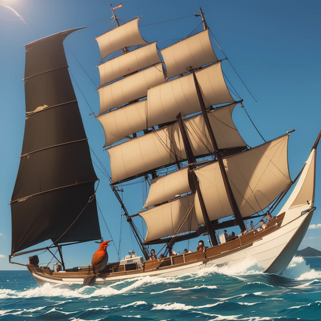 Draw a pirate bird on a boat 