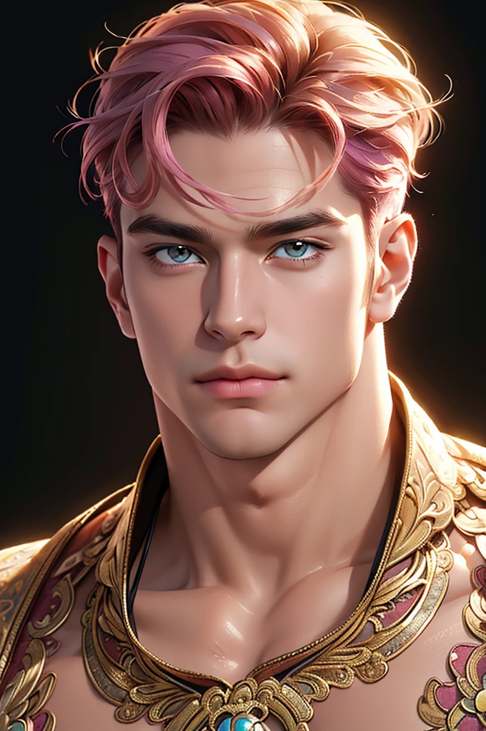 4k, high resolution, best quality, masterpiece, perfect color, perfect shade, perfect lighting, Posted by e621, ((portrait)), ((handsome man)), humungous wide muscles, unbottoned shirt cleavage, flexing biceps much bigger than head, Short hair details, pink hair. (masterpiece, top quality, Best quality, official art, beautiful and aesthetically pleasing:1.2), boy, Beautiful, Extremely detailed faces, (fractal art:1.3), colorful, The most detailed, (perfect face), shiny skin, HDR, Cantoella, very detailed dress, detailed background