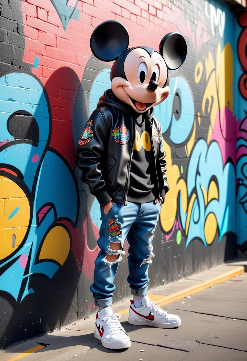 Mickey Mouse em estilo 3D hiper-realista, vestindo uma jaqueta de couro preta, ripped jeans and modern sneakers. He is leaning against a colorful graffiti wall, com uma pose relaxada e confiante.