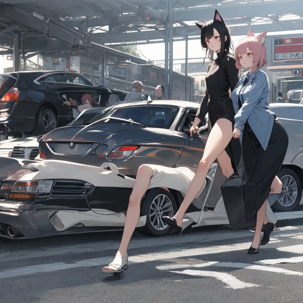 girl with cat ears a car taill  is walking 