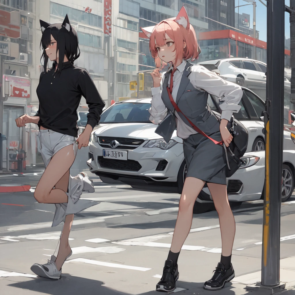 girl with cat ears a car taill is walking