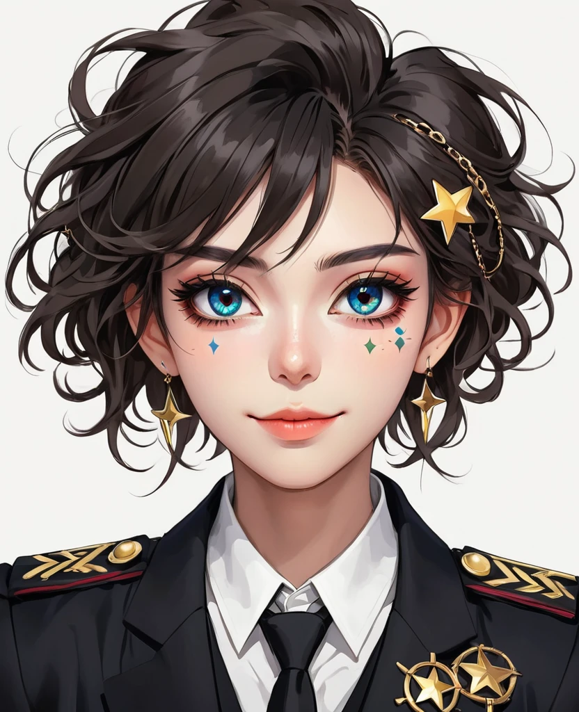 (Digital Illustration,Detailed anime style girl portrait,Solitary,symmetry),(Big colorful eyes,Fashionable and exquisite facial features,Exquisite makeup,Sweet smile,Star symbol mark on cheek,Soulful gaze,),(Fluffy updo,Messy hair),(Black suit,Epaulettes-Chain,cool,),Clean and simple white background,(((Correct human anatomy)))