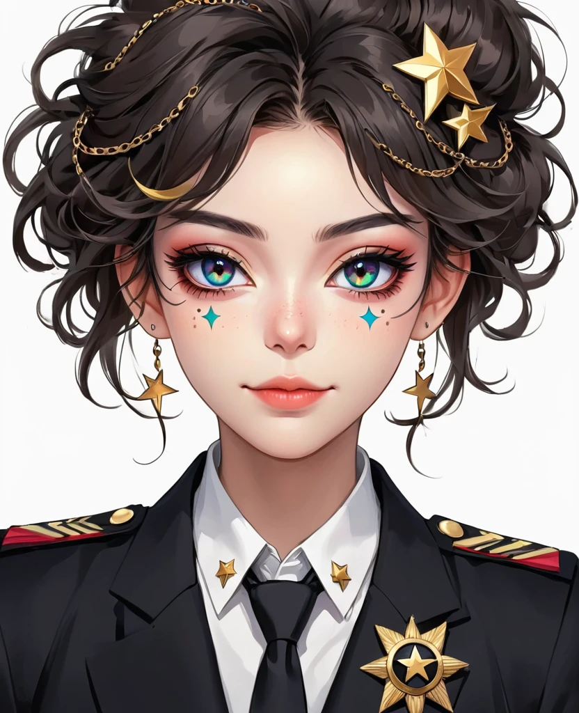(Digital Illustration，Detailed anime style girl portrait，Solitary，symmetry)，(Big colorful eyes，Fashionable and exquisite facial features，Exquisite makeup，Sweet smile，Star symbol mark on cheek，Soulful gaze，)，(Fluffy updo，Messy hair)，(Black suit，Epaulettes-Chain，cool，)，Clean and simple white background，(((Correct human anatomy)))