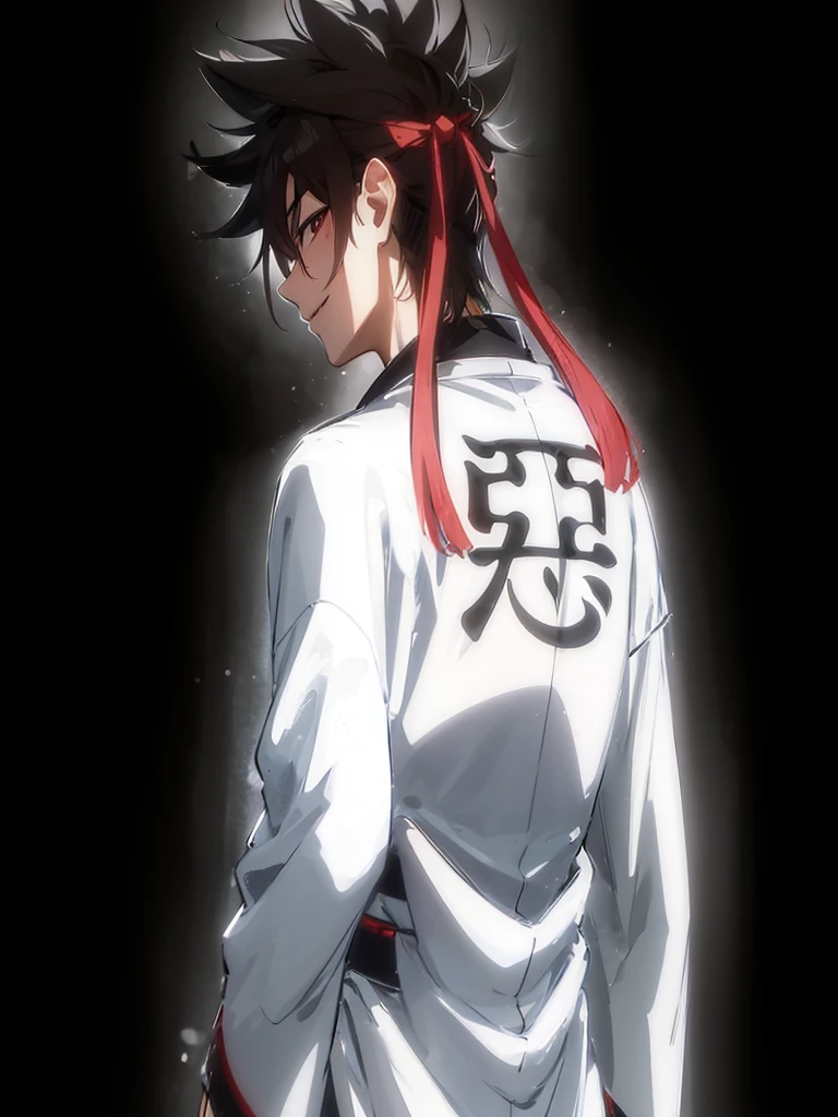 Illustration of Sanosuke Sagara in a tree with his back turned but his gaze turning back with a playful smile
