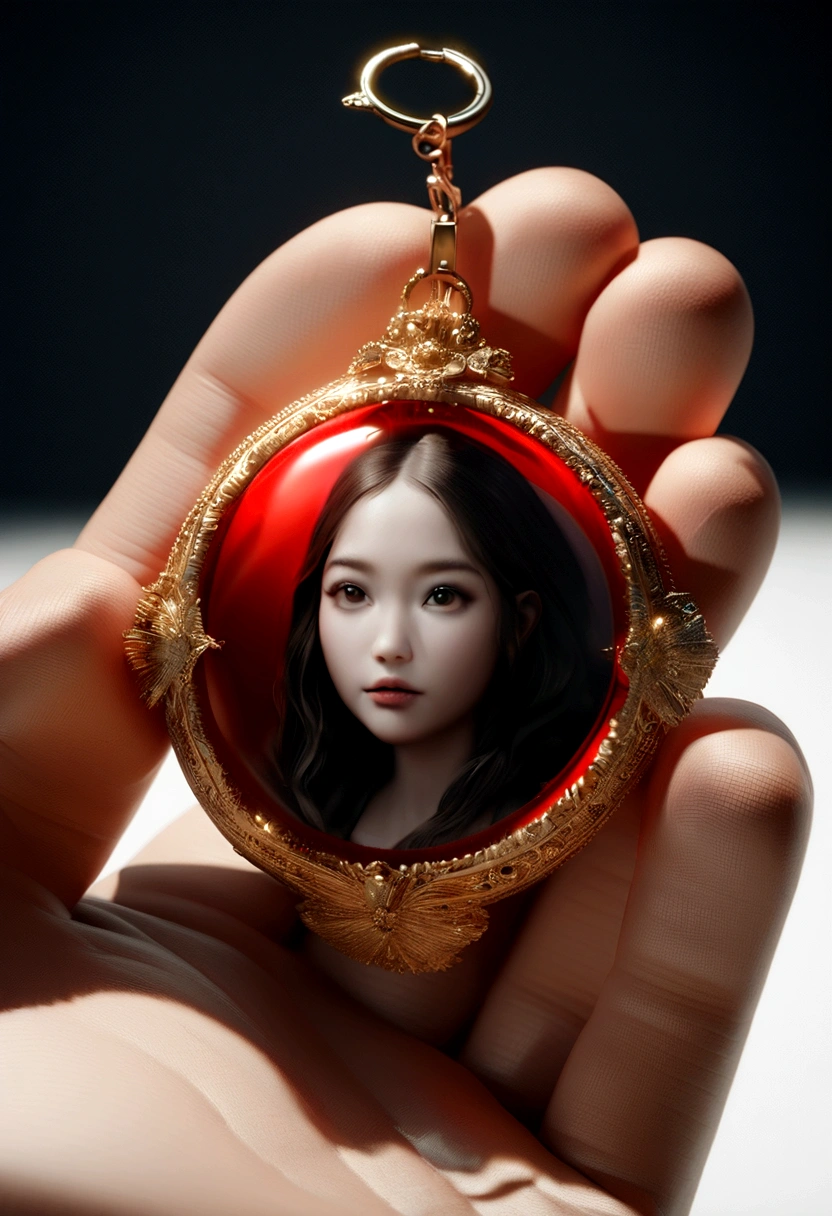 (((CINEMATIC PHOTO))), (((BEST QUALITY)), (((EST QUALITY)), (((HD))), (((HYPERREALISTIC)), (((32k render))), (((DETAILLED))). FORMAT 16/9, HYPERREALISTIC, DETAILLED, (((CINEMATIC PHOTO))), A stunning 3D render of a modern red glass keychain, intricately designed with gold accents. The keychain features the iconic Facebook logo blue on one face and a vibrant write a word "KHARY" with off white background., typography, 3d render