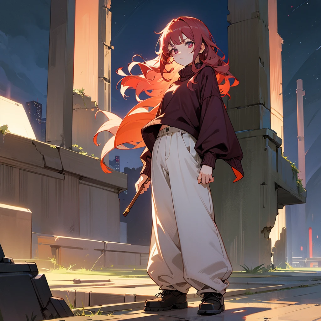 1female, adult, finely detailed orchid eyes, wavy medium hair, pale crimson hair, sweater, baggy pants, standing on ruined building, night time, serious expression