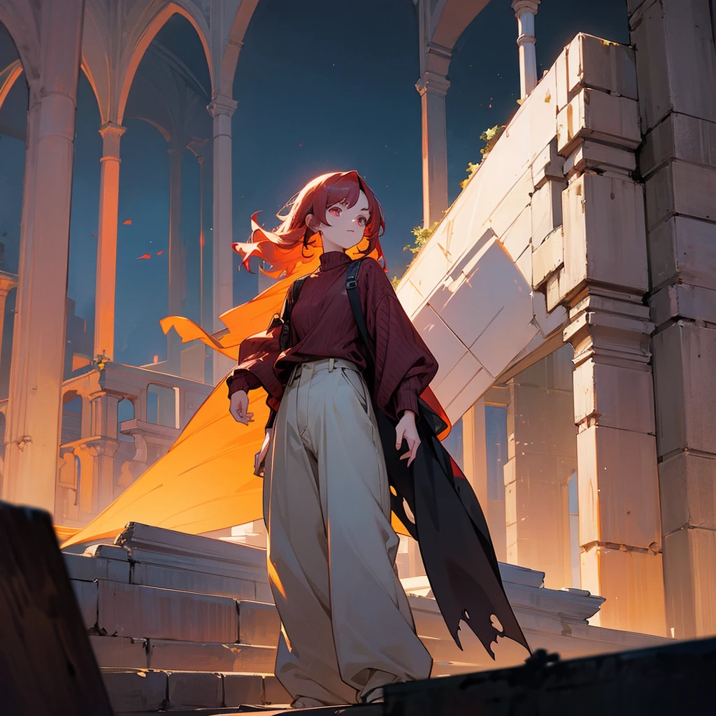 1female, adult, finely detailed orchid eyes, wavy medium hair, pale crimson hair, sweater, baggy pants, standing on ruined building, night time, serious expression