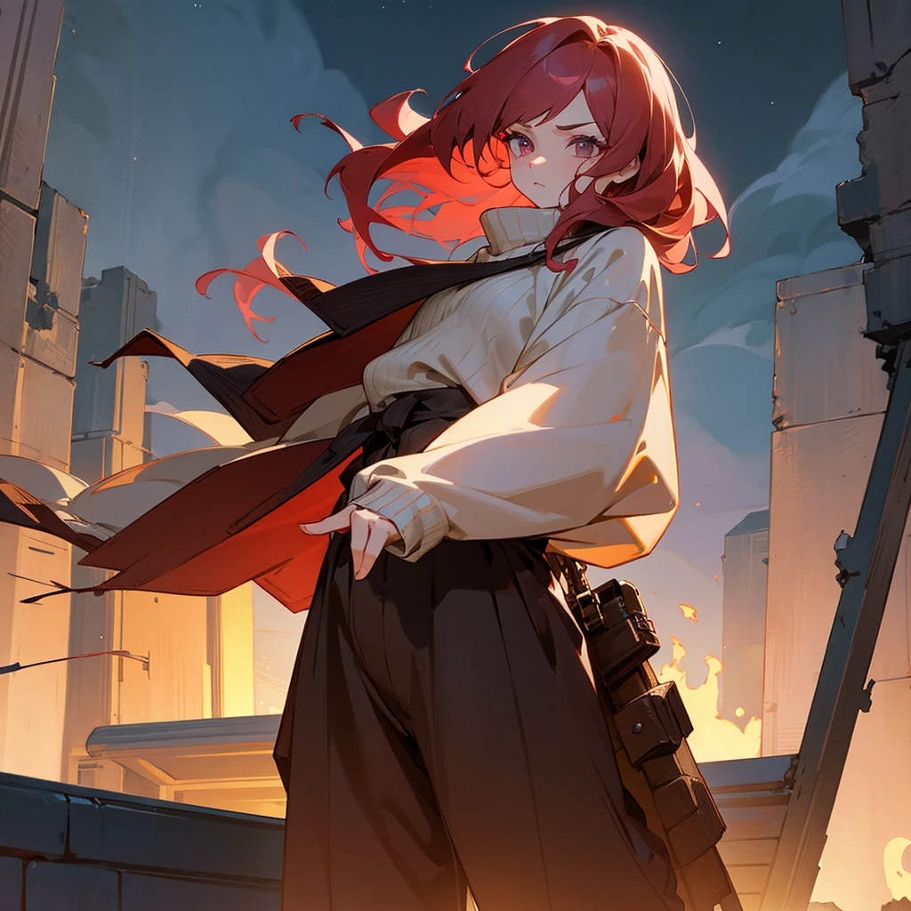 1female, adult, finely detailed orchid eyes, wavy medium hair, pale crimson hair, sweater, baggy pants, standing on ruined building, night time, serious expression