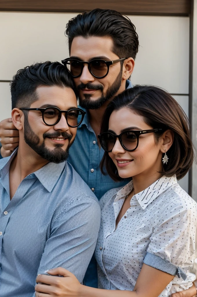 Crea dos Novios Hombres uno con lentes y cabello liz corto y camisa con estapados y el otro con Goatee Style y camisa de vestir esten muy felices y vayan sentados en su carto