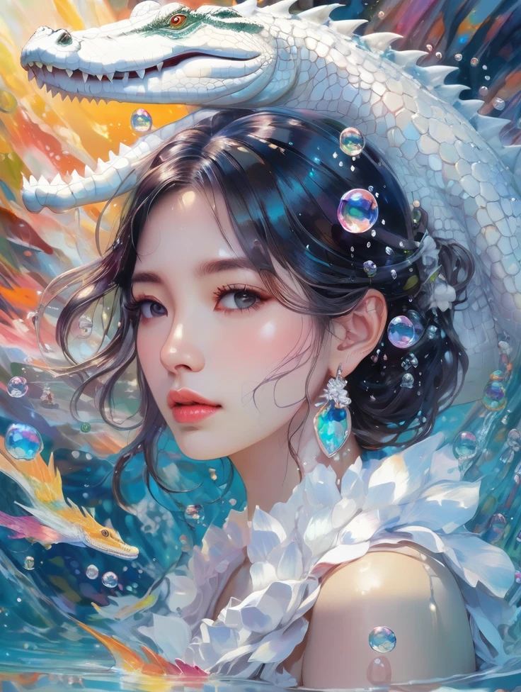 a women, white crocodile, lake, Colorful colors, surrounded by water bubbles, in the style of Kawacy, Masterpiece, Oil painting drawn in anime style, head close - up, exaggerated perspective, Tyndall effect, water drops, mother - of - pearl iridescence, Holographic white,