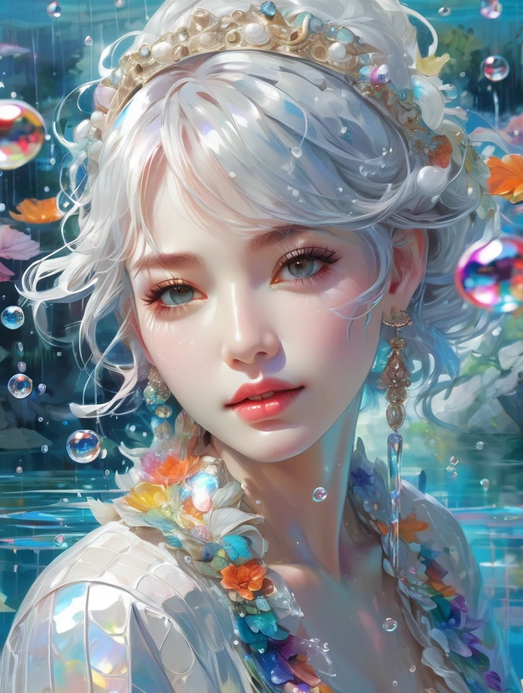 a women, white crocodile, lake, Colorful colors, surrounded by water bubbles, in the style of Kawacy, Masterpiece, Oil painting drawn in anime style, head close - up, exaggerated perspective, Tyndall effect, water drops, mother - of - pearl iridescence, Holographic white,