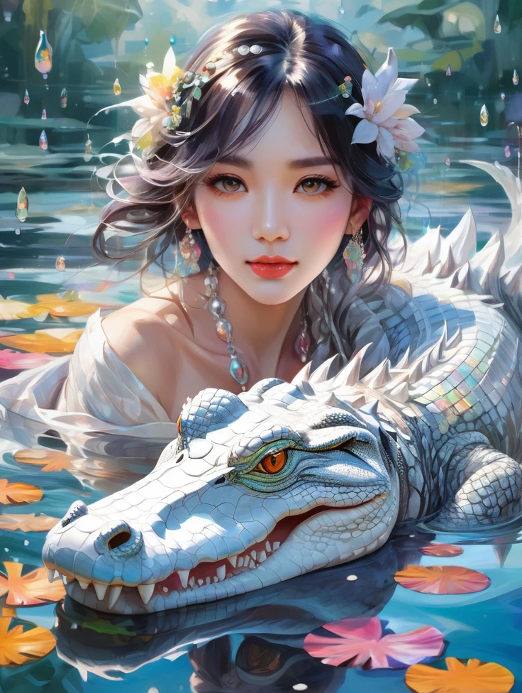 a women, white crocodile, lake, Colorful colors, surrounded by water bubbles, in the style of Kawacy, Masterpiece, Oil painting drawn in anime style, head close - up, exaggerated perspective, Tyndall effect, water drops, mother - of - pearl iridescence, Holographic white,