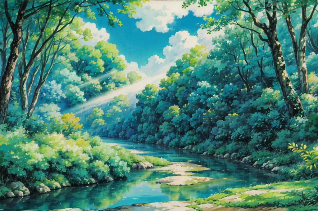 anime, ghibli studio, pastel colors, forest, nature, plants, river in the middle, blue sky, soft clouds, many plants, a lot of greenery, beautiful river,