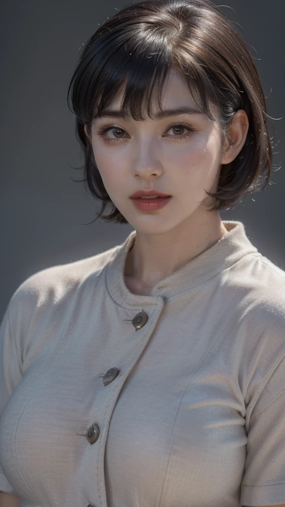 T-Shirts, coat, , (Realistic:1.4), (highest quality:1.4), (Ultra-high resolution:1.4), 8k, RAW Photos, (masterpiece:0.2), , Did G, One girl, Detailed skin,((Upper Body)), View Viewer, Brown eyes, (Short hair with bangs:1.2), (Large areola:0.8), 