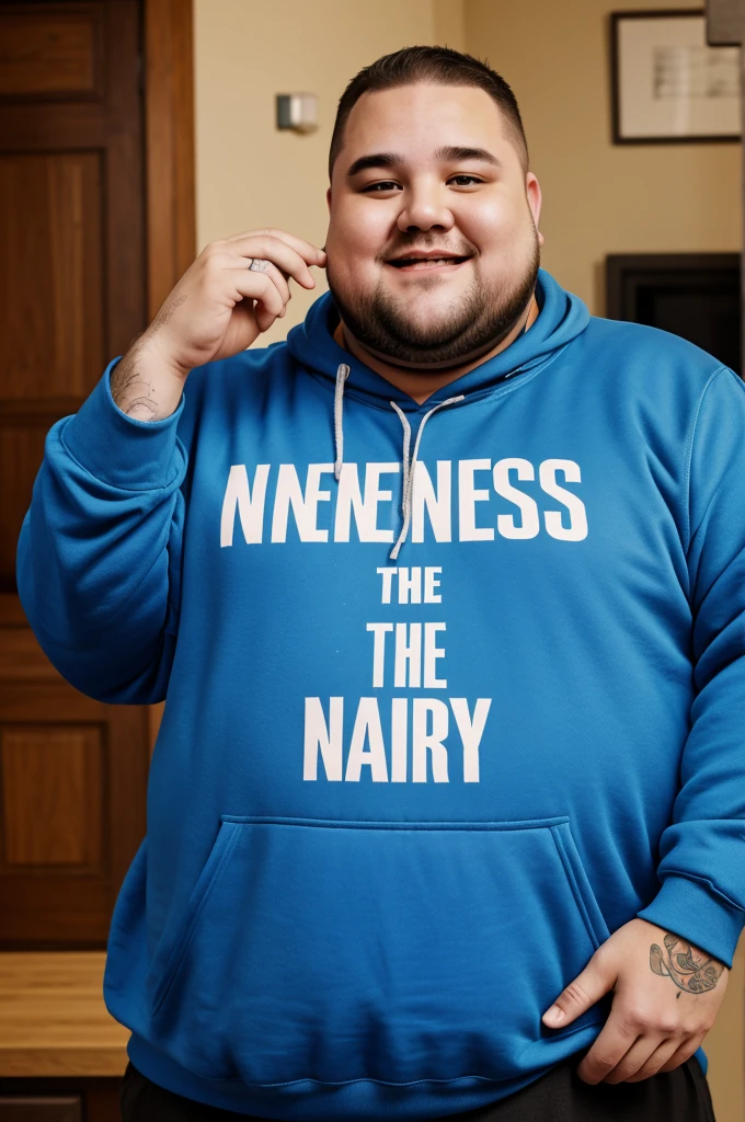 Fat guy with a sweatshirt that has text that says nonsense and the fat guy has tattoos 