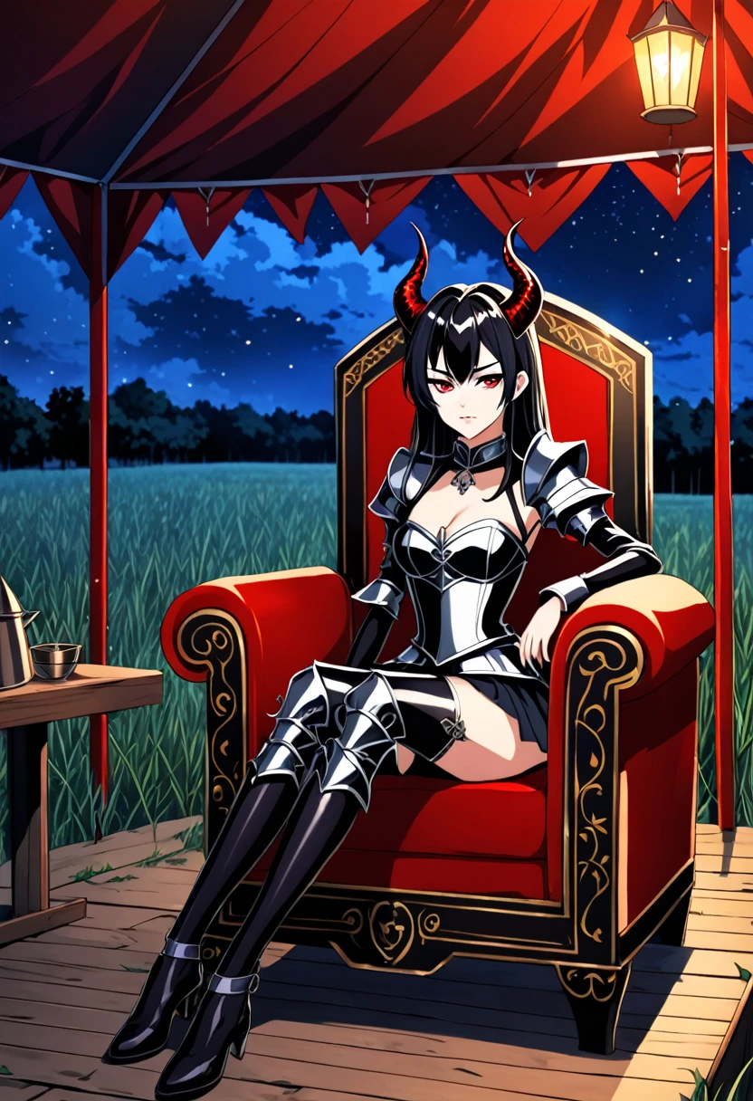 2D anime picture, (anime style 1), girl, 16 years old, sadistic, demoness, small demoness horns, beautiful long black hairstyle, in luxury and sexy demon general knight uniform, sit in chair, in big general tent in military camp, field, fantasy, Middle Ages, night