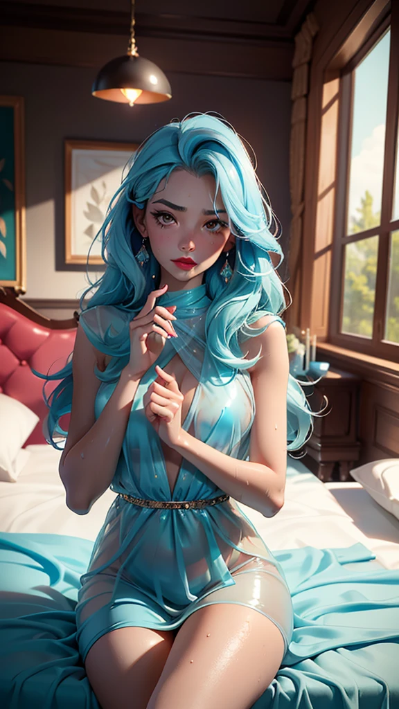 Best quality, Masterpiece, Portrait, Perfect anatomy, Femininity, Cool, Flawless, , Solo, Sexy, Stylish, Mature, Long light blue hair, Mole above lip, Red lipstick, Water drops, Sweat, Wet, Transparent dove sexy dress, in the room he lies on the bed and looks at the phone in his hand