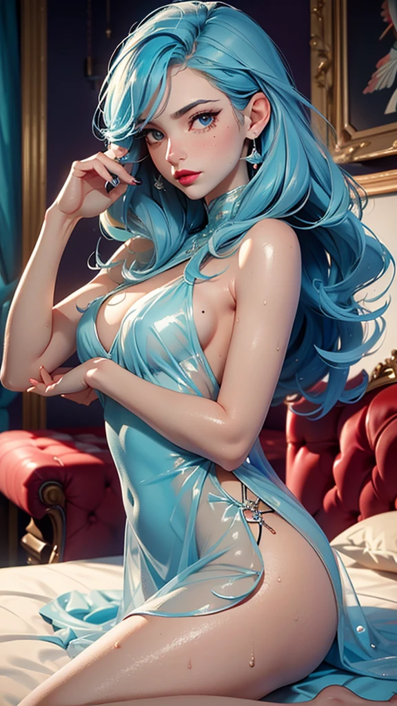 Best quality, Masterpiece, Portrait, Perfect anatomy, Femininity, Cool, Flawless, , Solo, Sexy, Stylish, Mature, Long light blue hair, Mole above lip, Red lipstick, Water drops, Sweat, Wet, Transparent dove sexy dress, in the room he lies on the bed and looks at the phone in his hand