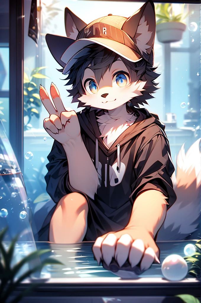 masterpiece, best quality, bright eyes, detailed eyes, furry, wolf, male, baggy clothing, baseball cap, v sign, (head tilt:1.3), high saturation, colorful, detailed background, perfect lighting, shadow, aquarium, window, deep blue theme, bubble