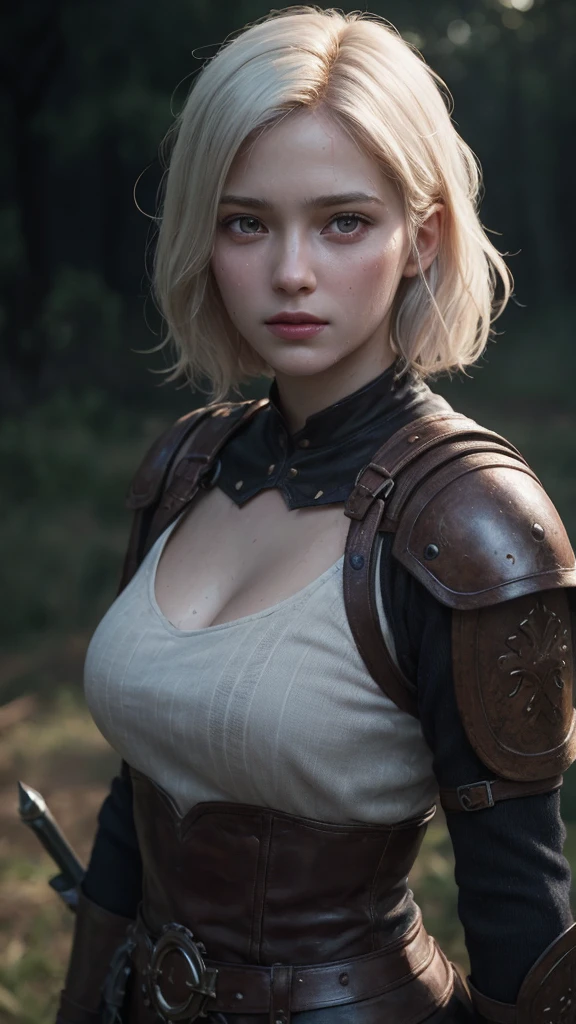 a young viking warrior woman with short white hair, beautiful purple detailed eyes, beautiful detailed lips, extremely detailed face and features, 18 years old, cute face, wearing tight medieval clothing, wet and sweaty, cleavage ,looking brave and heroic, low saturation, (best quality,4k,8k,highres,masterpiece:1.2),ultra-detailed,(realistic,photorealistic,photo-realistic:1.37),portrait,fantasy,dark,cinematic lighting