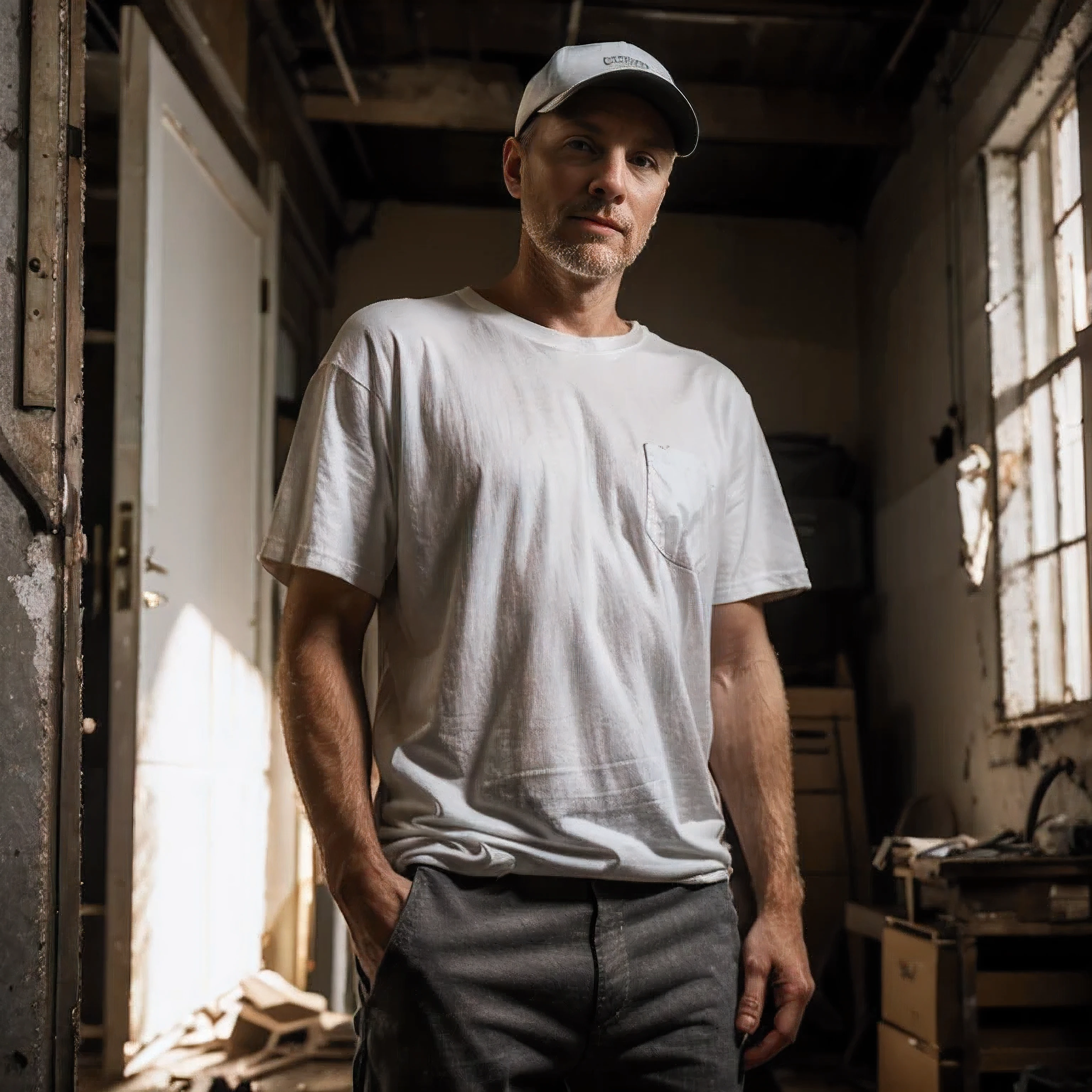 In an old dark room with poor repair stands a white man with his hands in his pockets, 30 years old, wearing a white torn T-shirt and gray pants, cap on his head, standing straight and looking at the camera, thin, 8k