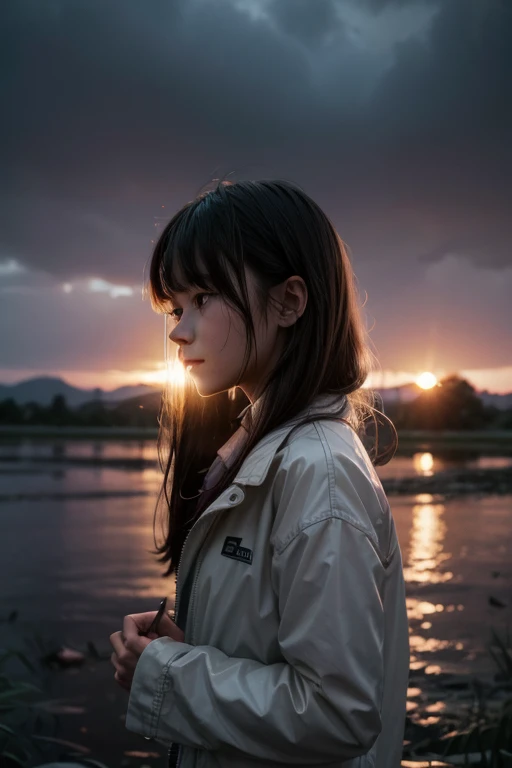 girl, cryaing, rain, sunset