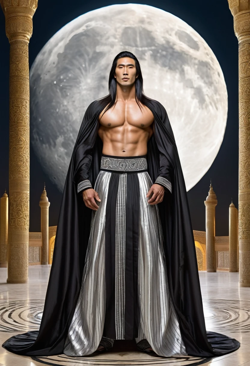 huge sexy masculine inflated tall man with long flowing straight hair in full height with open eyes, Looking Forward, on his face there are two black stripes on his cheeks - the moon god, Asian appearance, topless, in a floor-length silver skirt, semicircular patterns on clothes, depicting the moon, Covered with a black canopy, in black clothes, semicircular symbols on clothes    
In the temple with Arabic architecture 