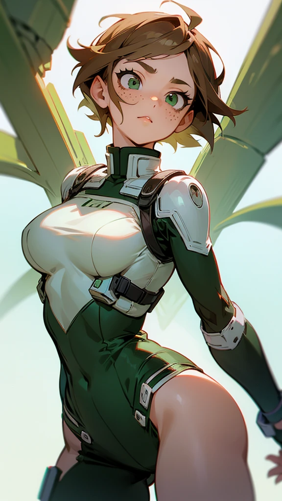 A girl with short fluffy light brown hair with light green eyes with freckles and long eyelashes Buko no hero academia style With provocative clothes Standing calmly With tits