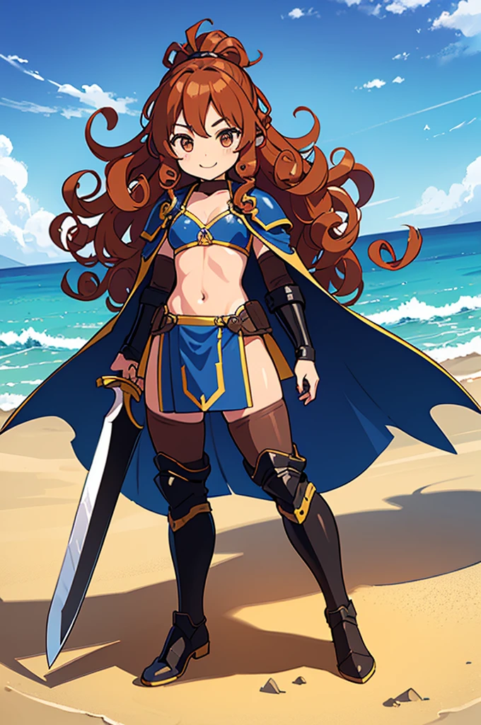 One Girl、Perfect functionality, (masterpiece), (Highest quality:1.4), High resolution、low length、11 years old、A cheerful smile、Wavy long hair, (Curly Hair:1.4), 豊かなCurly Hair, ponytail、Bikini Armor、Plein Air、(whole body:1.4)、Standing posture、sword, Cape, Sexy pose