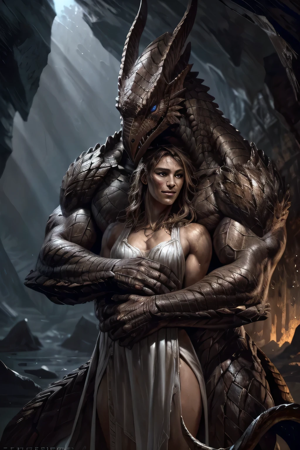 (duo), male bahamut and female human, by taran fiddler, [by null-ghost],  detailed beautiful eyes, romantic, detailed hands, cave, hugging, protective male, female in dress,