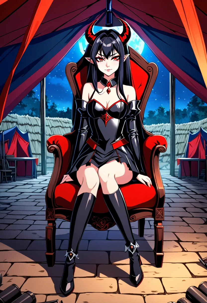 2D anime picture, (anime style 1), girl, 16 years old, sadistic, demoness princess, small demoness horns, beautiful long black hairstyle, in luxury and sexy princess demon knight uniform, sit in chair, in big tent in military camp, fantasy, Middle Ages, night