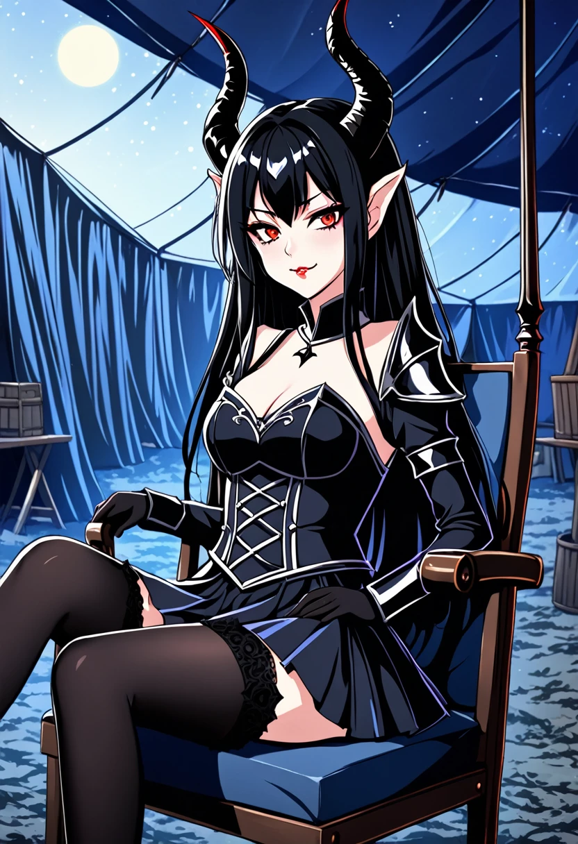  2D anime picture, (anime style 1), girl, 16 years old, sadistic, demoness princess, small demoness horns, beautiful long black hairstyle, in luxury and sexy princess demon knight uniform, sit in chair, in big tent in military camp, fantasy, Middle Ages, night 