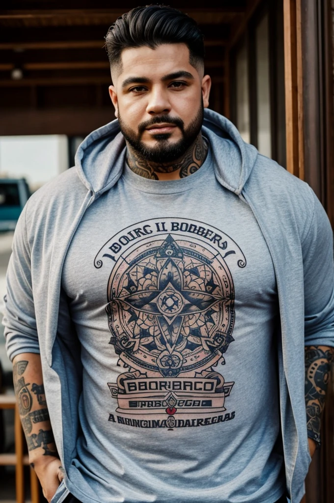 Gordo que tiene tatuajes con una sudadera que dice "boberías"