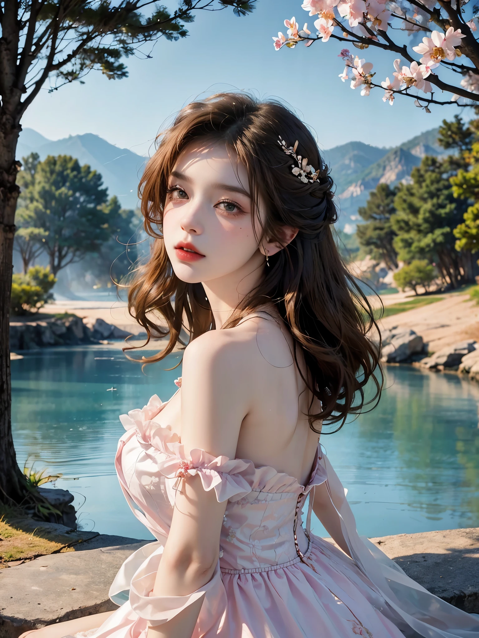 Masterpiece, Best quality, high resolution, realistic , hyperrealism , lifelike photography ,2024s, , alluring beautiful full body shot, (curly blondish brunette long hair, blue cat-shaped eyes), white skin with freckles, beautiful short cut naughty dress with flower embroidery and details , beautiful golden necklaces & bracelets, elegant bearing, beautiful landscape background of a rose & lilac & orchid garden, high budget , beautiful mesmerizing face and small nose, long and curly sparkling hair , holding a beautiful orange stray cat , clivage , sunset , pink clouds , yellowish red rays at the horizon, elegant posing, beautiful legs, fit body, gorgeous Russian woman standing and naughty posing at the lagoon shores, back shot, side shot , front shot, blue lagoon