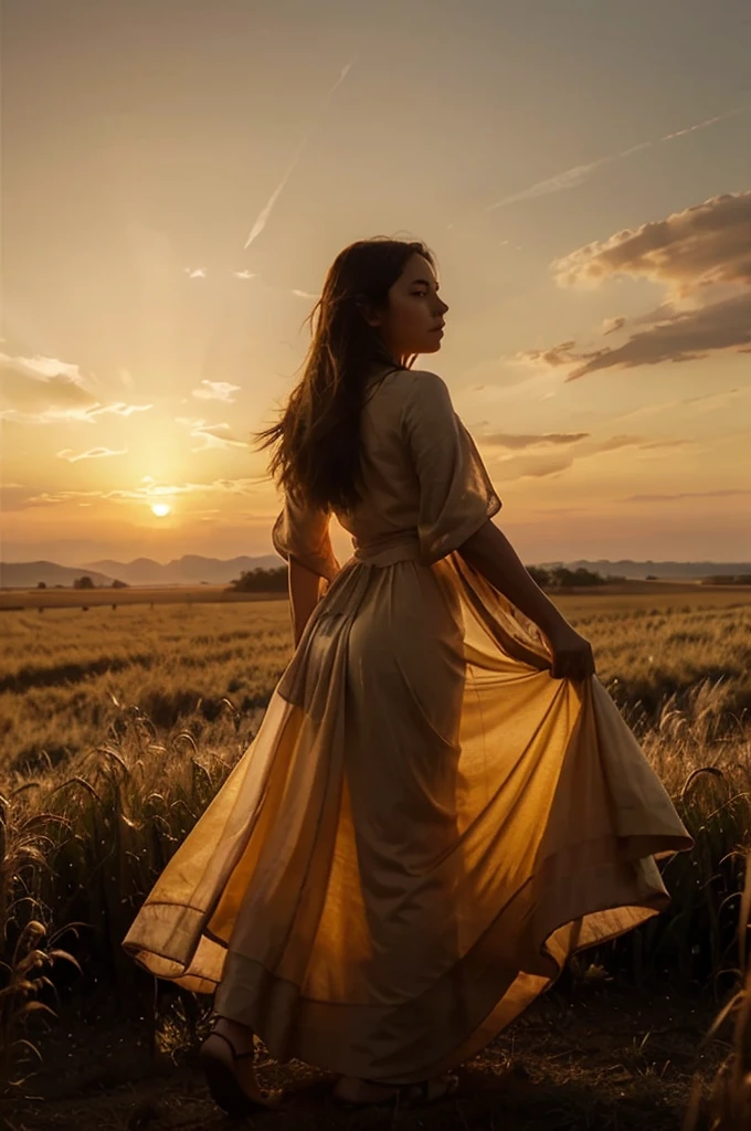  A woman draped in a flowing white gown stands amidst the vast expanse of the wheat field, her silhouette outlined against the fiery hues of the setting sun. Her figure exudes a sense of grace and tranquility as she gazes into the distance. [Background] The wheat field stretches endlessly towards the horizon, bathed in the warm, golden light of the fading sun. The sky above is ablaze with vibrant shades of orange and red, casting a rich and immersive atmosphere over the scene. [Technique] Roberts employs bold and dynamic brushstrokes to evoke the drama and intensity of the moment, capturing the interplay of light and shadow with striking precision.