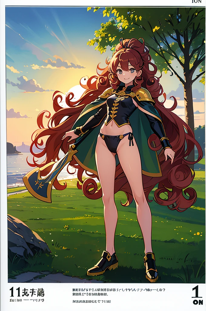 One Girl、Perfect functionality, (masterpiece), (Highest quality:1.4), High resolution、low length、、A cheerful smile、Wavy long hair, (Curly Hair:1.4), 豊かなCurly Hair, ponytail、Bikini Armor、Plein Air、(whole body:1.4)、Standing posture、sword, Cape, Sexy pose