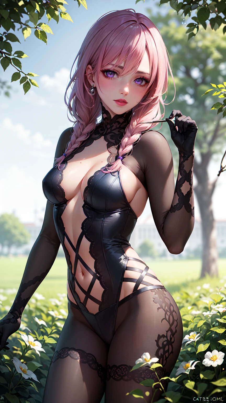 ((sensual body)), medium breasts,(((Sheer Lace Top Full Bodystocking blacksuit Lingerie Catsuit))), one hand in hair, thighs, sexy legs, (((medium shot))), seductive look, blush, outdoor, in a garden, looking at viewer, cloudy, moody lighting, (perfectly detailed eyes:1.2), glowing eyes, (long hair one braid:1.2), (Masterpiece, Best Quality, High Quality:1.4), professional artwork, Intricate Details, field of view, sharp focus, detailed painting, photorealistic lighting, trending on pixiv, (vivid lighting, vibrant colors:1.05), realistic shadows, ambient occlusion, (athletic body:1.3), mature woman, 30yo, shenhe, hyperdetail eyes, beautiful eyes, (((solo:1.4))), semi-realistic hair, (((beautiful makeup:1.3, beautiful pink lipstick:1.3, beautiful pink eyeshadow:1.3, purple eyes:1.0, purple hair:1.0))), (solo:1.4)