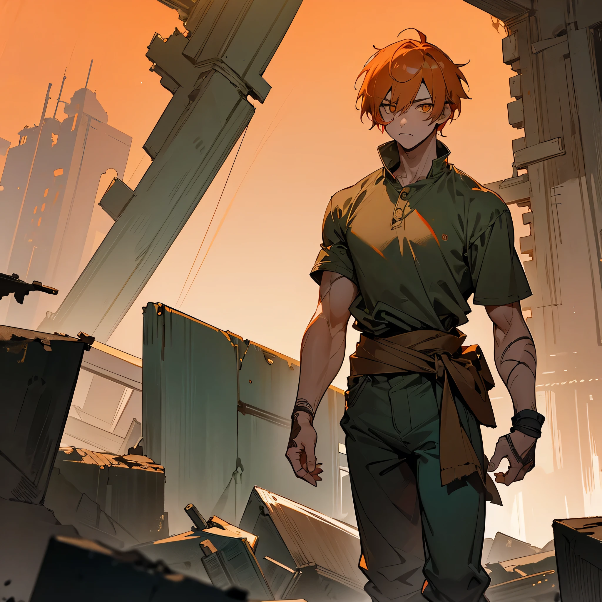 1male, adult, finely detailed orange eyes, wild short hair, peach hair, poor clothing, tied around waist, baggy pants, standing on ruined building, night time, somber expression, muscular, goggles, dirty, scars