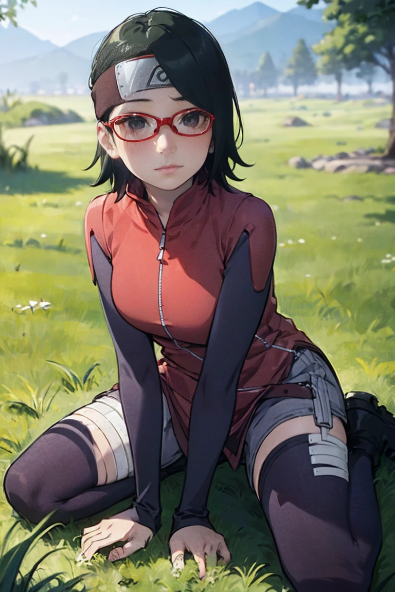 (Sarada Uchiha,short hair,black hair,glasses),full body picture Unreal Engine 5 8K UHD of beautiful girl, green Japanese style long hair, wearing futuristic black tight battle suit, half face mask, futuristic neck collar, grass green light details, best quality, masterpiece，Big Breasts